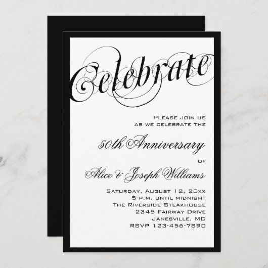 Elegante Schwarze u. Weiß-50. Einladung (Vorne/Hinten)