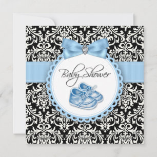 Elegante schwarze und blaue Damast-Baby-Party Einladung