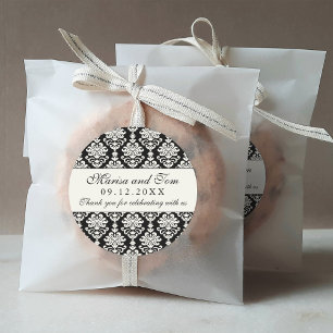 Elegante schwarze und elfenbeinfarbene Damast-Hoch Runder Aufkleber