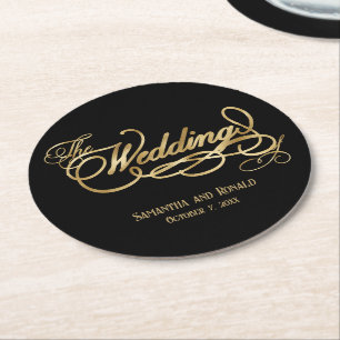 Elegante schwarze und falsche Gold-Kalligrafie-Hoc Runder Pappuntersetzer