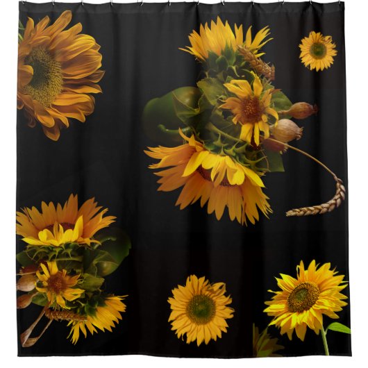 Elegante schwarze und gelbe Sonnenblumen Duschvorhang (Vorderseite)