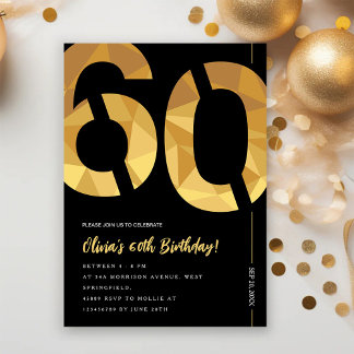 Elegante schwarze und goldene 60. Geburtstagsfeier Einladung