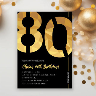 Elegante schwarze und goldene 80. Geburtstagsparty Einladung