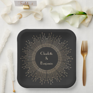 Elegante schwarze und goldene Art Deco Hochzeit in Pappteller