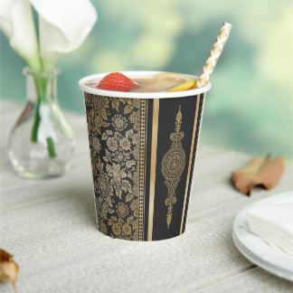 Elegante schwarze und goldene Blumen-Hochzeit Pappbecher