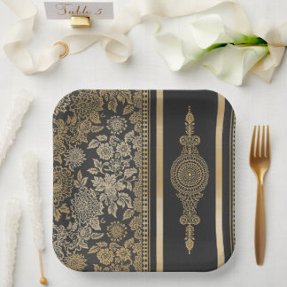 Elegante schwarze und goldene Blumenhochzeit Pappteller