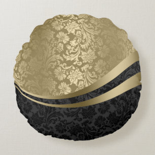 Elegante schwarze und goldene Damasken Dynamische  Rundes Kissen
