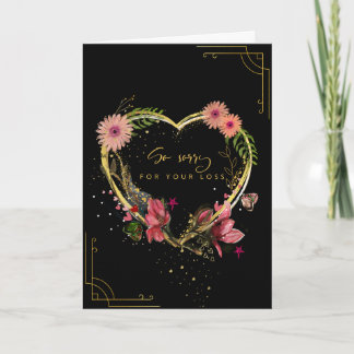 Elegante schwarze und goldene florale Herz-Beileid Feiertagskarte