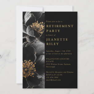 Elegante schwarze und goldene florale Ruhestandspa Einladung