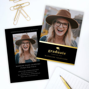 Elegante schwarze und goldene Foto-Abschlussfeier Folieneinladung