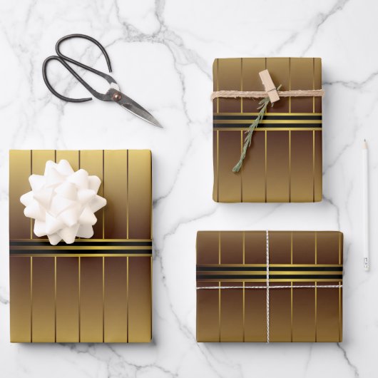 Elegante schwarze und goldene geometrische Streife Geschenkpapier Set (Vorderseite)