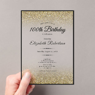 Elegante schwarze und goldene Glitter 100. Geburts Acryleinladungen