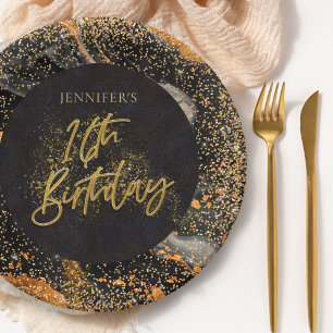 Elegante schwarze und goldene Glitter-16.-Geburtst Pappteller