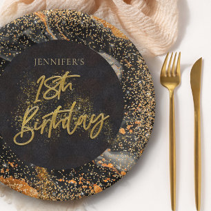 Elegante schwarze und goldene Glitter-18-Geburtsta Pappteller