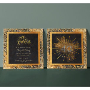 Elegante schwarze und goldene Glitter 40. Geburtst Einladung