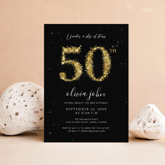 Elegante schwarze und goldene Glitter 50. Geburtst Einladung