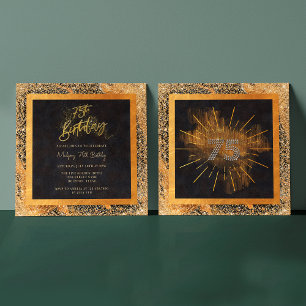 Elegante schwarze und goldene Glitter 75. Geburtst Einladung