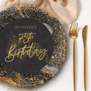Elegante schwarze und goldene Glitter 75. Geburtst Pappteller