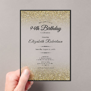Elegante schwarze und goldene Glitter 94. Geburtst Acryleinladungen