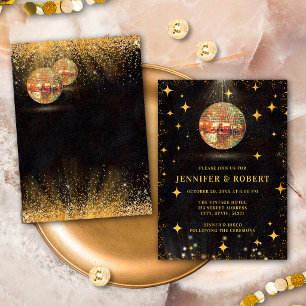 Elegante schwarze und goldene Glitter Disco-Kugeln Einladung