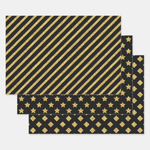 Elegante schwarze und goldene Glittermuster Geschenkpapier Set