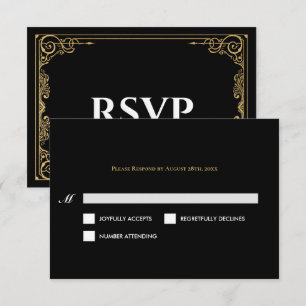 Elegante schwarze und goldene gotische Hochzeits-R RSVP Karte