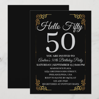 Elegante schwarze und goldene Hallo 50. für Frauen Einladung