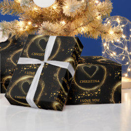 Elegante schwarze und goldene Herzen Ich liebe dei Geschenkpapier