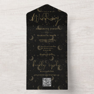 Elegante schwarze und goldene himmlische QR-Code-H All In One Einladung
