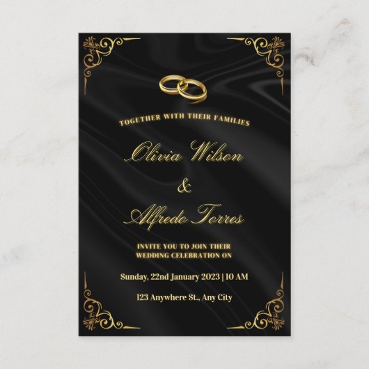 Elegante schwarze und goldene Hochzeitseinladung Begleitkarte (Vorderseite)