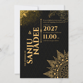Elegante schwarze und goldene Hochzeitseinladung Einladung
