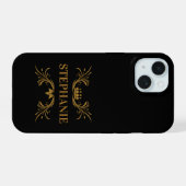 Elegante schwarze und goldene Krone Initialen iPhone 15 Hülle (Rückseite (Horizontal))