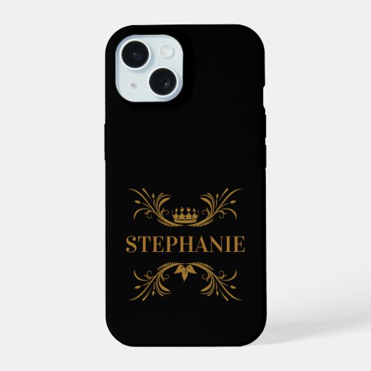 Elegante schwarze und goldene Krone Initialen iPhone 15 Hülle (Rückseite)
