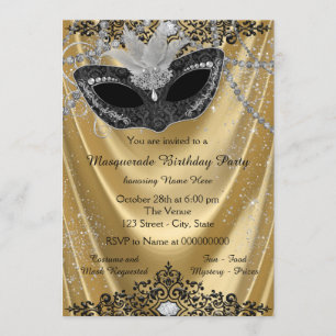 Elegante schwarze und goldene Maskenparty Einladung