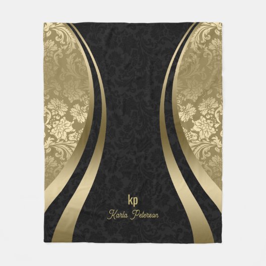 Elegante schwarze und goldene metallische Damasken Fleecedecke (Vorderseite)