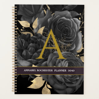 Elegante schwarze und goldene Rosen monogrammiert Planer