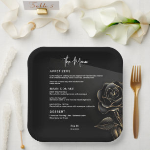 Elegante schwarze und goldene Rosenhochzeit Pappteller