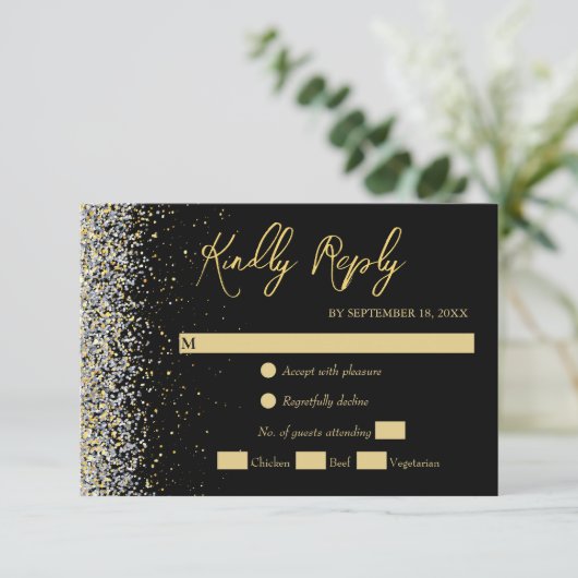 Elegante schwarze und goldene RSVP-Karte RSVP Karte (Stehend Vorderseite)