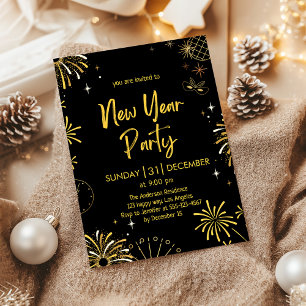 Elegante schwarze und goldene Silvester-Feuerwerke Einladung
