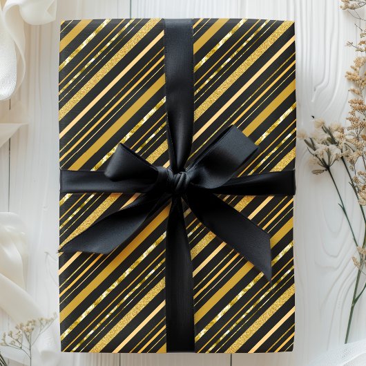 Elegante Schwarze und goldene Streifen Geschenkpapier