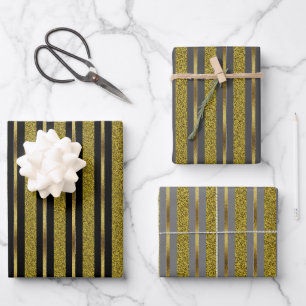 Elegante schwarze und goldene Streifen Geschenkpapier Set