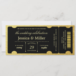 Elegante schwarze und goldene Ticket-Hochzeitseinl Einladung