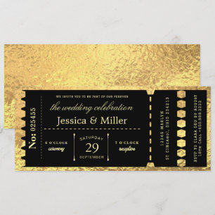 Elegante schwarze und goldene Ticket-Hochzeitseinl Einladung