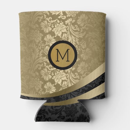 Elegante schwarze und goldene Töne florale Damasku Dosenkühler (Rückseite)