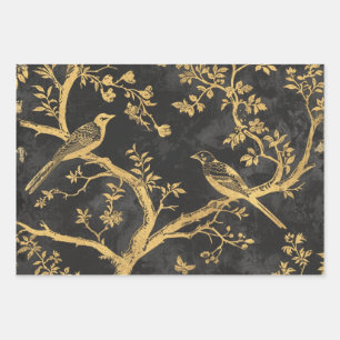 Elegante schwarze und goldene Vögel Geschenkpapier Set