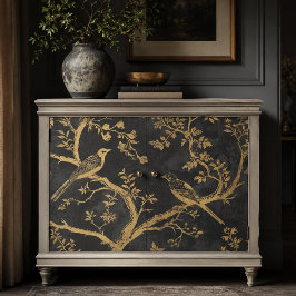Elegante schwarze und goldene Vogeldekoupage Seidenpapier