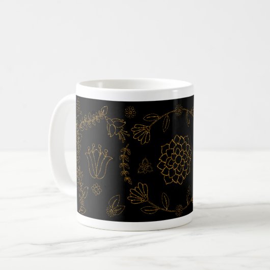 Elegante Schwarze und Golflorale Kunst, Dichtung u Kaffeetasse (Vorderseite Links)