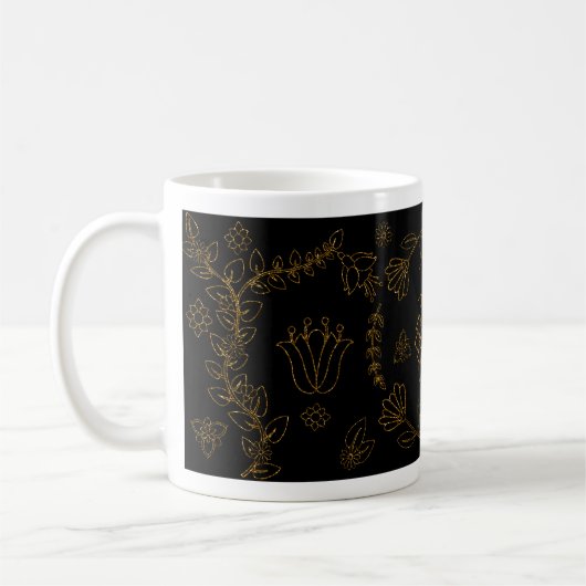 Elegante Schwarze und Golflorale Kunst, Dichtung u Kaffeetasse (Links)