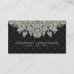 Elegante schwarze und graue Vintage-Blumendamaske Visitenkarte