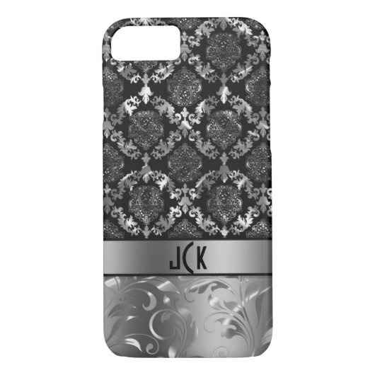 Elegante schwarze und metallische silberne Damaske Case-Mate iPhone Hülle (Rückseite)